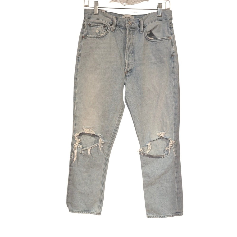 AGOLDE Riley Crop Light‎ Wash Distressed Knee High Rise Straight Jeans Size 28